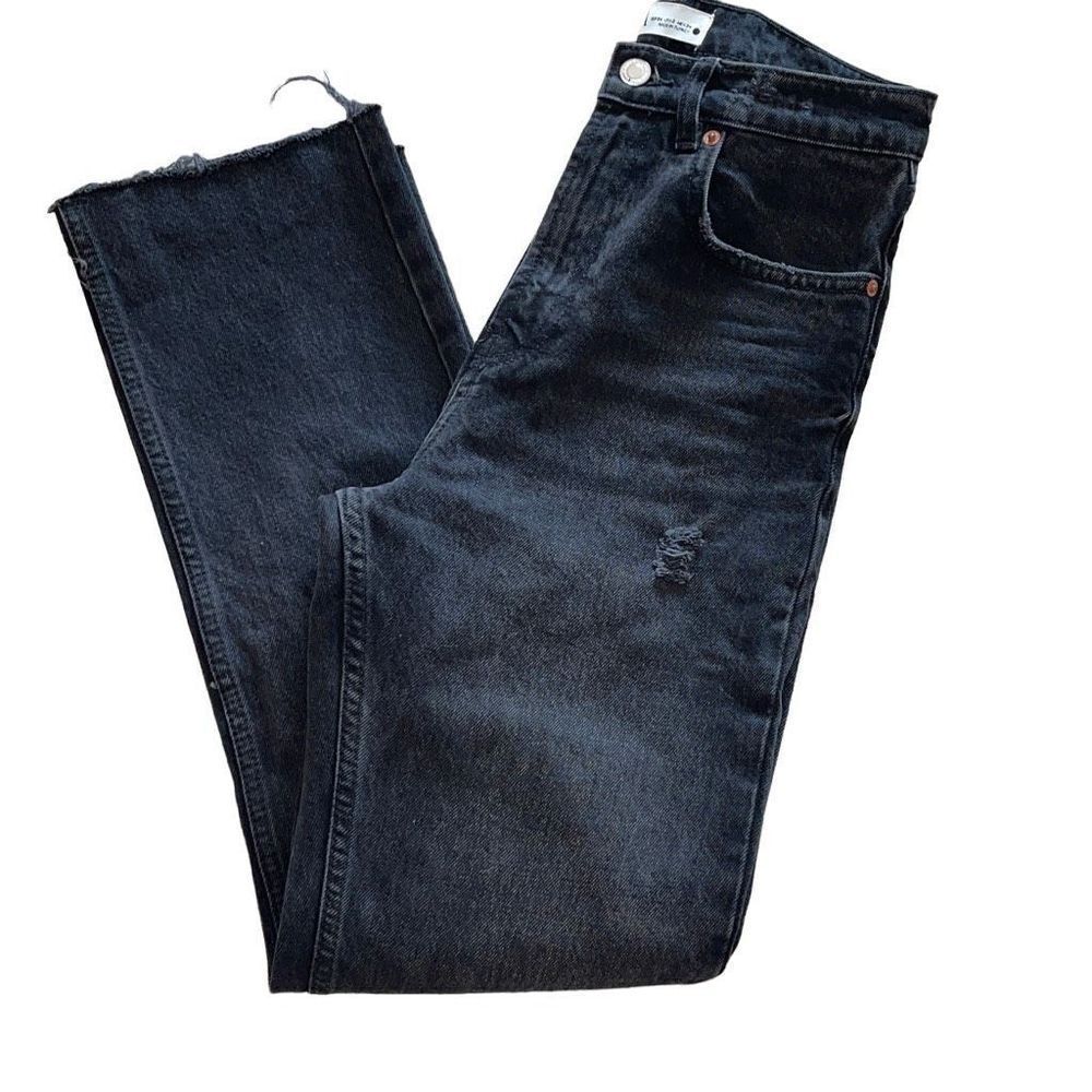 Zara Womens Distressed Cutoff Jeans Stretch Whiskering Straight Leg Black 2
